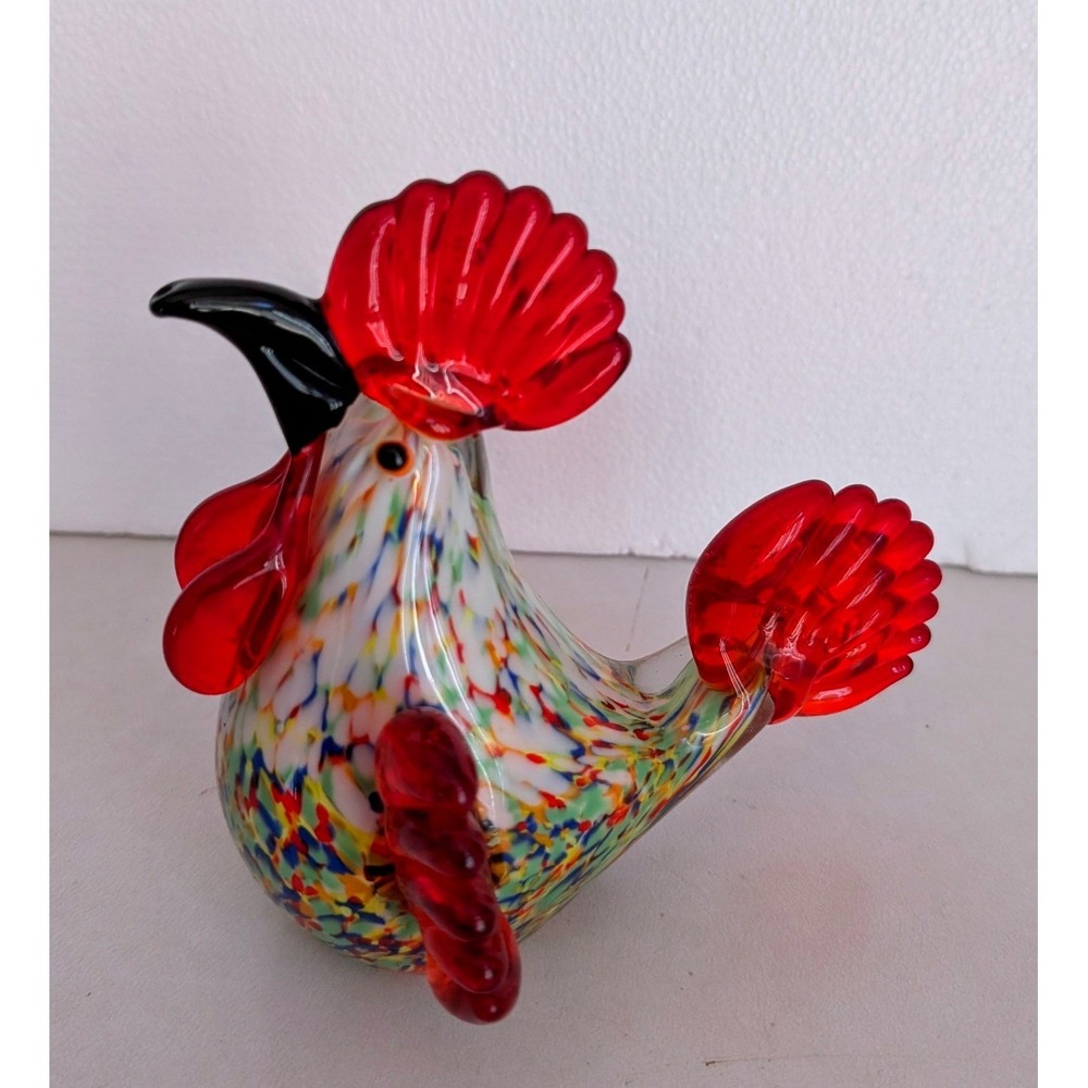 Vintage Murano Style Art Glass Rooster Figurine Hand Blown Farmhouse Decor